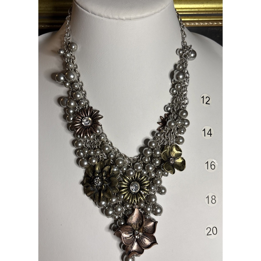 Mixed Metal Floral Gray Faux Pearl Rhinestone Statement Bib Necklace